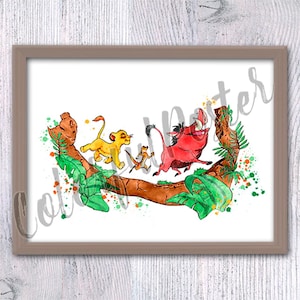 Stampa ad acquerello del Re Leone: Simba, Timon e Pumba Nursery Art V149