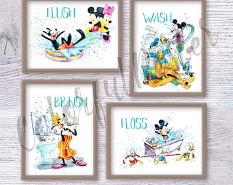 Bathroom poster Set of 4 Mickey Mouse print Bathroom wall decor Bathroom art  wall decor Nursery art V810