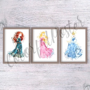 Princess print Set of 3 Merida poster Aurora print Princess wall decor Gift for her Nursery art Cinderella print Home decor Wall art V86