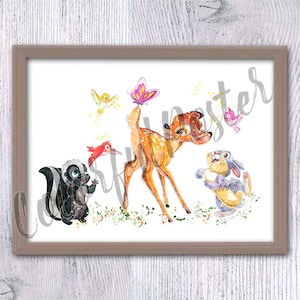 Affiche Bambi Bambi print wall décor Bambi et amis Bambi aquarelle Art de la crèche Décoration de salle de jeux Chambre d’enfants art mural V563