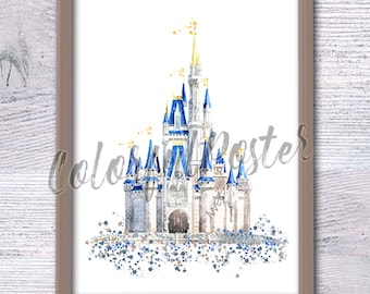 Disney Castle Watercolor Print, Fairytale Nursery Wall Art, Magic Kingdom Poster for Kids Room, Princess Castle Gift (Unframed) V220