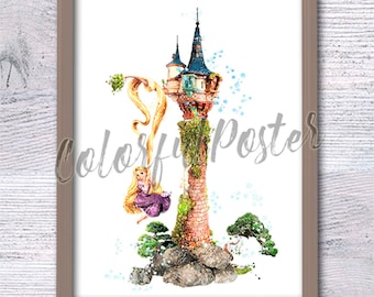 Rapunzel Schloss Poster Rapunzel Turm Aquarell Druck Disney Wanddekor Kinderzimmerdekoration Mädchenzimmer Wandkunst Disney Aquarell Art V501