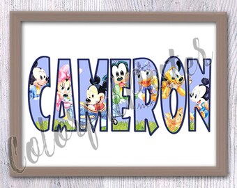 Personalisierter Disney Namensdruck mit Micky, Minnie und Freunden, Benutzerdefinierte Kinderzimmer Wandkunst, Magisches Kinderzimmer Geschenk V689