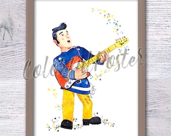Feuerwehrmann Sam Gitarren Poster: Cartoon Feuerwehrmann Kinderzimmer Illustration V722