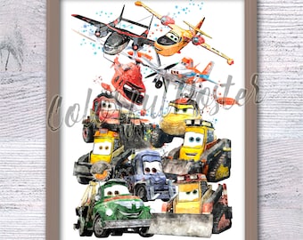 May include: A watercolor painting of a group of cartoon vehicles, including a red helicopter, a yellow plane, and several trucks. The vehicles are arranged in a cluster, with the helicopter at the top and the trucks at the bottom. The painting is done in a whimsical style, with splashes of color and a lighthearted feel.