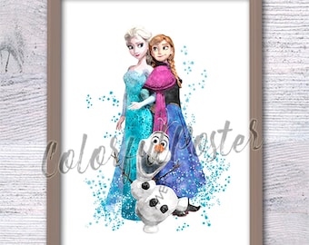 Frozen Kingdom Elsa print Anna poster Olaf illustration Frozen print Disney wall decor Baby shower gift Kids room wall art  V639