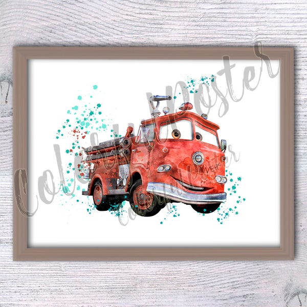 Cars print  wall decor  Cars poster Cars fire truck Boys room decor Nursery art Kids room decoration V352