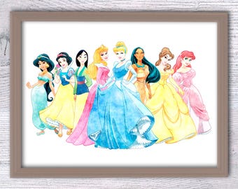 Princess art print, Ariel, Cinderella, Snow White, Belle, Jasmine, Mulan Pocahontas poster, watercolor nursery kids, home decor V155
