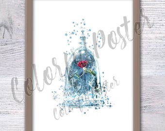 Enchanted Rose Watercolor Print: Beauty and the Beast Nursery Art V383