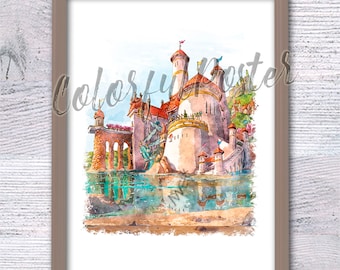 Castle print Prince Eric castle poster  wall decor Nursery art Castle watercolor  castle poster V806