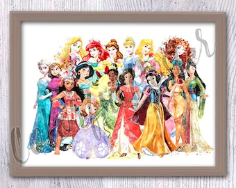 Princess prints All princesses poster Fairy wall decor Nursery art Girls room decor Kids wall decoration  poster V474