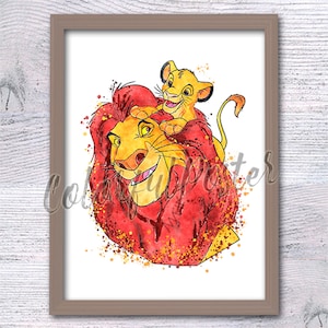 Lion King Watercolor Print: Mufasa and Simba, Nursery Art V672