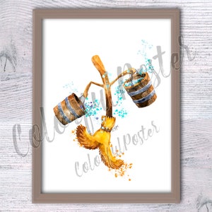 Póster de Escoba Mágica, decoración de pared de Fantasía, impresión de Escoba Mágica, decoración del hogar, arte de pared, decoración de habitación infantil, regalo de cumpleaños, acuarela de Fantasía V366