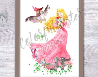 Sleeping Beauty poster Aurora and friends print  wall decor Kids room wall art Nursery room decor  princess print V438