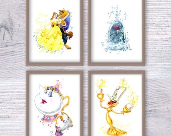 Impresión de La Bella y la Bestia, juego de 4, póster de rosa encantada, acuarela de la Princesa Bella, arte para habitación infantil, amigos de la Princesa Bella V390