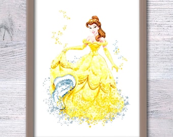 Impresión de la princesa Bella, póster de La Bella y la Bestia, decoración de pared de Disney, póster de la princesa Bella en acuarela, arte infantil, regalo para baby shower V157