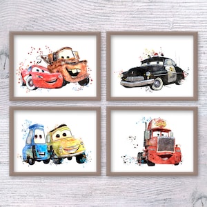 Cars Set of 4 Cars  poster Cars print Lightning McQueen wall decor Cars pit crew illustration Birthday gift Home decor Wall art V460