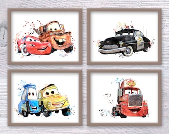 Cars Set of 4 Cars  poster Cars print Lightning McQueen wall decor Cars pit crew illustration Birthday gift Home decor Wall art V460