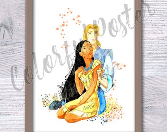 Pocahontas and John Smith Poster, Pocahontas Print, Disney Wall Art, Forest Nursery Decor, Native American Art, New World Decor V397