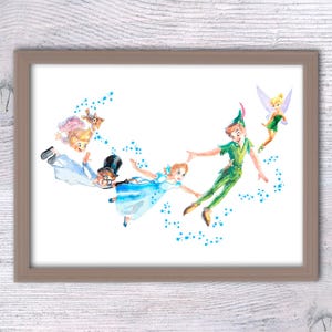 Peter Pan Flying to Neverland Print, Peter Pan and Wendy Art, Nursery Decor Poster, Fairytale Wall Art, Literary Gift for Boy or Girl V175