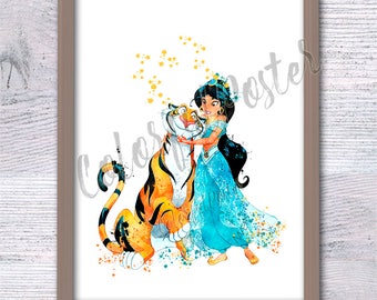 Jasmin Kunstdruck Jasmin und Tiger Poster Aladdin Kinderzimmer Wandkunst Kinderzimmer Dekor Wandbehang Geschenkidee V439