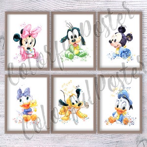 Juego de 6 impresiones de Mickey para bebé, decoración de pared de Minnie, arte de guardería, acuarela del pato Donald, decoración de habitación de bebé, póster de Goofy, arte de guardería, regalo de Navidad V561