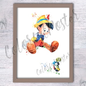 Pinocchio Poster Pinocchio Druck Pinocchio Wanddekor Pinocchio und Jiminy Druck Jiminy Cricket Poster Kinderzimmer Kunst Pinocchio Aquarell V370