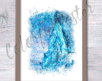 Elsa's Ice Castle Watercolor Print: Frozen Kids Room Decor V368