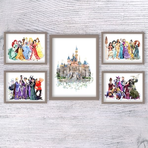 Set di 5 stampe artistiche con principesse e cattivi Disney, stampe da parete fantasy, decorazioni da favola per la cameretta dei bambini o per i fan, set di poster regalo di compleanno V340