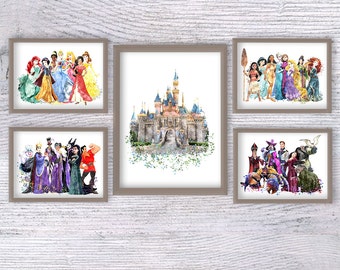 Disney Princess and Villains Art Set of 5, Fantasy Wall Prints, Fairytale Decor for Kids Room or Fans, Birthday Gift Poster Set V340