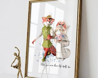 ロビン・フッドとメイド・マリアンのアートプリント、ヴィンテージ漫画