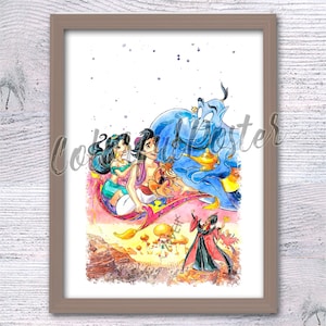 Aladdin poster Prince Aladdin print Aladdin wall decor Aladdin and Genie poster Princess Jasmin watercolor Nuresry art Aladdin heroes V859