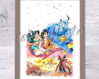 アラジン ジャスミン アブ ジーニー オウム ラゴ 水彩画 アラジンと