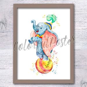 Dumbo watercolor artwork, Dumbo circus poster, Dumbo elephant illustration, Dumbo nursery wall art, Cute elephant print V611