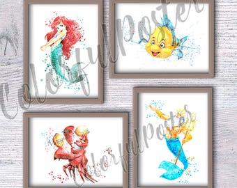 Set de acuarelas de La Sirenita: Ariel, Flounder y Sebastián (Arte infantil) V205