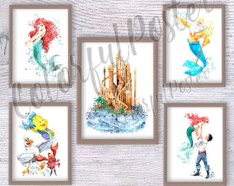 Little Mermaid Poster Set of 5, Ariel and Family Art Print, Disney Princess Wall Decor, Under the Sea Nursery, Kids Room, Birthday Gift V312