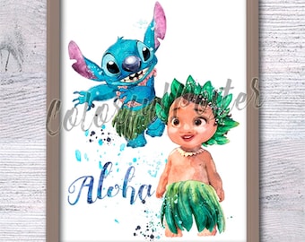 Impresión en acuarela de Moana y Stitch: Arte infantil hawaiano G495