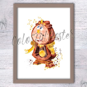 Póster de Din Don, acuarela de La Bella y la Bestia, decoración de pared de Disney, reloj encantado, regalo de cumpleaños V159