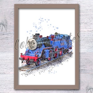 Belle trein print Belle grote blauwe tank locomotief schattige trein kinderkamer kunst tank locomotief Home decor trein aquarel verjaardagscadeau kunst aan de muur V825