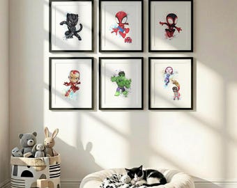 Spidey en zijn geweldige vrienden prenten set van 6, aquarel superheld kunst aan de muur, decor kinderkamer, speelkamer posters, kinderkamer kunst, ingelijste V892