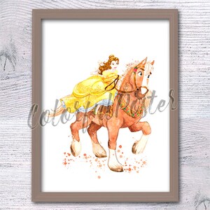 Belle poster Princess Belle print Princess wall decor Belle and horse Nursery art Princess watercolor Beauty and the beast art V589