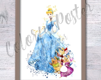 Cinderella and Friends Art Print, Princess Wall Decor, Fairy Tale Poster, Disney Inspired Gift, Nursery and Kids Room Decor  V433