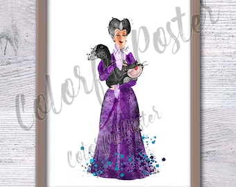 Lámina de acuarela de Lady Tremaine, Arte infantil de la villana de Cenicienta, Póster de la madrastra malvada de Disney, Decoración gótica para habitación infantil, Madrastra malvada V328