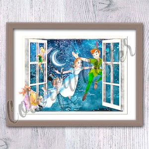 Peter Pan volando Ventana de Peter Pan Póster de Peter Pan Impresión de Peter Pan Peter y Wendy Ilustración de Peter Pan V688