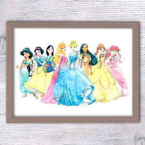 Princess art print, Ariel, Cinderella, Snow White, Belle, Jasmine, Mulan Pocahontas poster, watercolor nursery kids, home decor V155