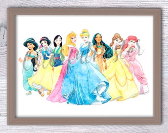 Princess art print, Ariel, Cinderella, Snow White, Belle, Jasmine, Mulan Pocahontas poster, watercolor nursery kids, home decor V155