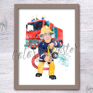 Fireman Sam print Fireman Sam poster Cartoon firefighter Sam Tan Fireman watercolor Kids room decor V704