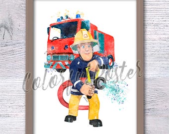 Fireman Sam print Fireman Sam poster Cartoon firefighter Sam Tan Fireman watercolor Kids room decor V704