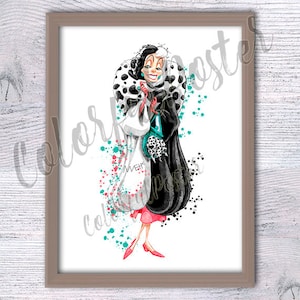 Crudelia de Vil stampa Disney wall decor Villain poster 101 Dalmatians illustrazione Villain stampa Disney cattivi Nursery art V324