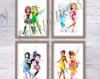 Never Fairies Druck 4er Set, Peter Pan Kinderzimmer Wand Kunst, Tinker Bell und Freunde Kinderzimmer Dekor, Magische Fantasy Kunst, Pixie Hohl V265